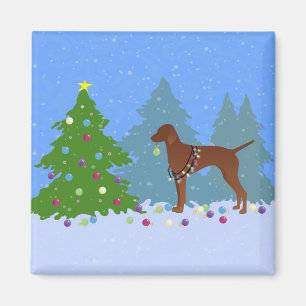 Vizsla Decorating a Christmas Tree in the Forest Magnet
