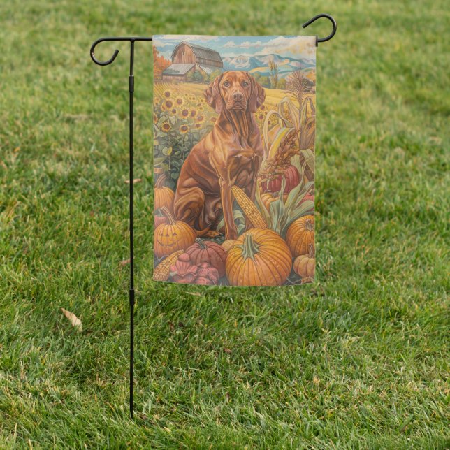 Vizsla Dog Autumn Harvest Thanksgiving Garden Flag (In SItu)