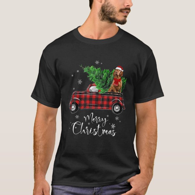 Vizsla Dog Breed Red Truck Christmas Funny Dog T-Shirt (Front)