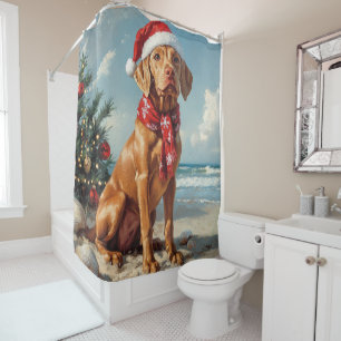 Vizsla Dog Christmas Vintage Beach Shower Curtain