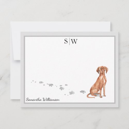 Vizsla Dog Gray Border Monogram Personalized Note Card