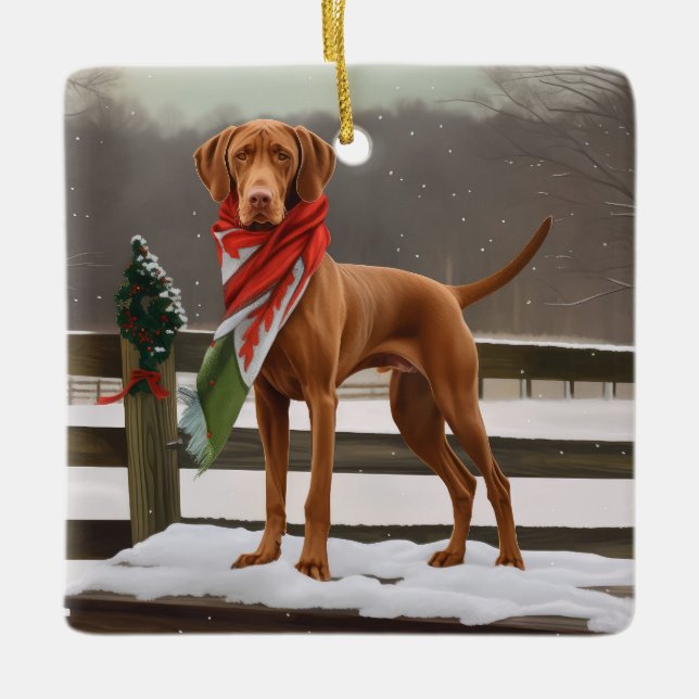 Vizsla Dog in Snow Christmas Ceramic Ornament (Front)