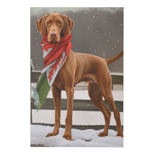 Vizsla Dog in Snow Christmas Faux Canvas Print