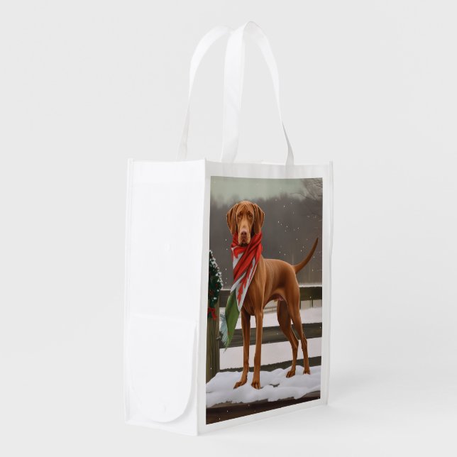 Vizsla Dog in Snow Christmas Grocery Bag (Front Side)