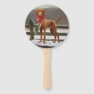 Vizsla Dog in Snow Christmas Hand Fan