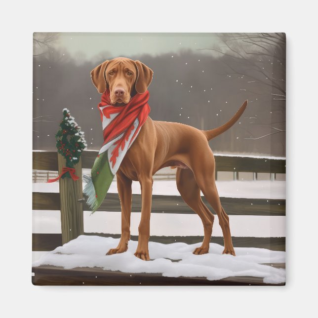 Vizsla Dog in Snow Christmas Magnet (Front)