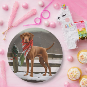 Vizsla Dog in Snow Christmas Paper Plates