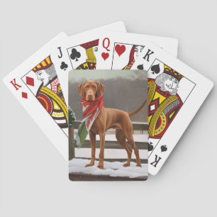 Vizsla Dog in Snow Christmas Poker Cards