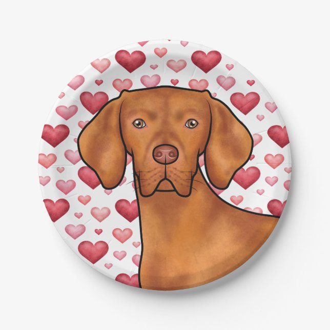 Vizsla Dog Love With Red And Pink Heart Pattern Paper Plates (Front)