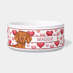Vizsla Dog Love With Red And Pink Hearts And Name Bowl
