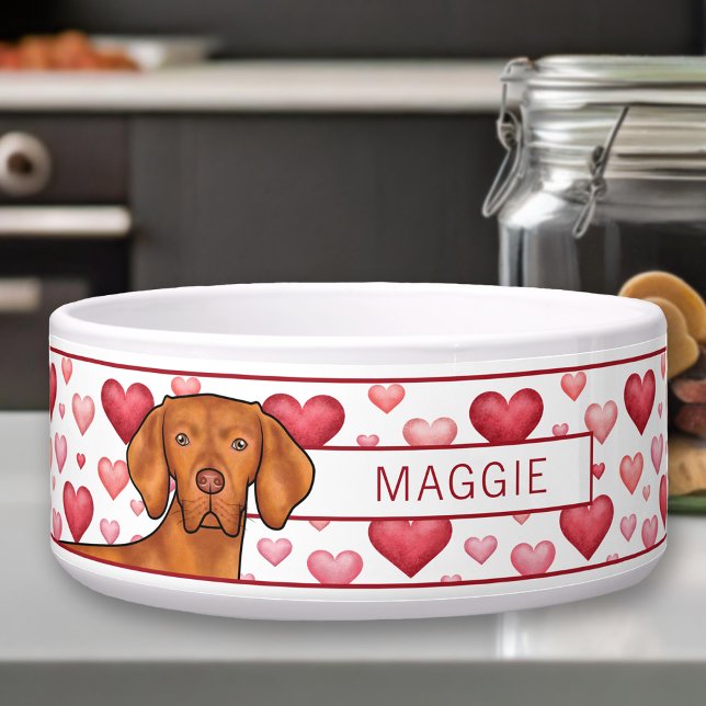 Vizsla Dog Love With Red And Pink Hearts And Name Bowl (Creator Uploaded)