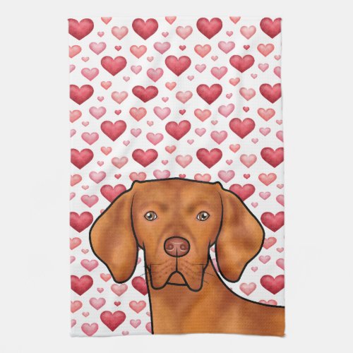 Vizsla Dog Love With Red And Pink Hearts Pattern Kitchen Towel