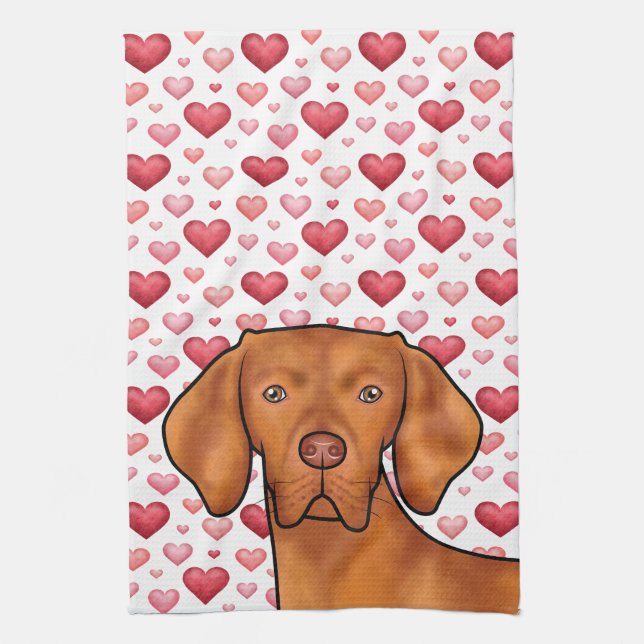 Vizsla Dog Love With Red And Pink Hearts Pattern Kitchen Towel (Vertical)