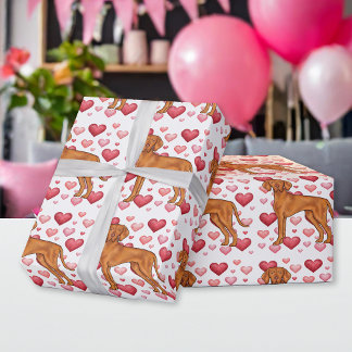 Vizsla Dog Love With Red And Pink Hearts Pattern Wrapping Paper