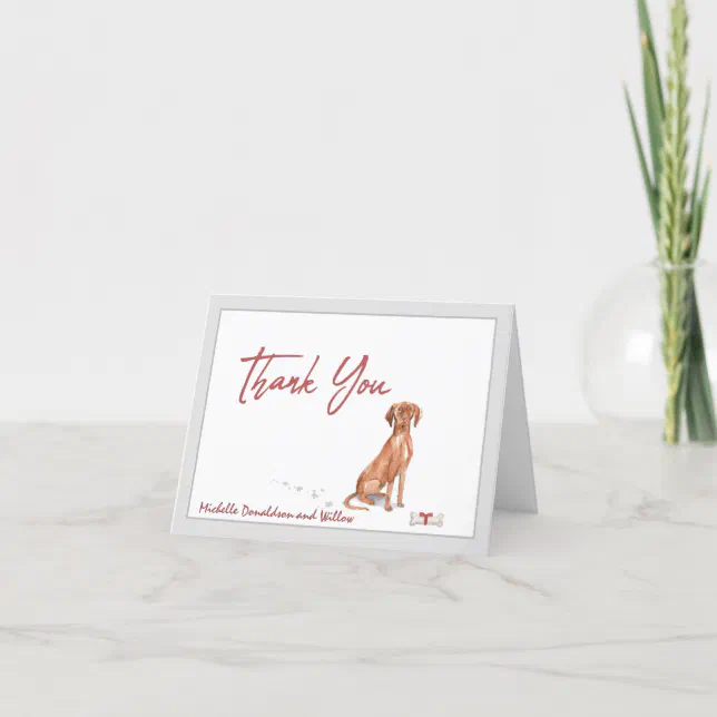  Vizsla Dog Personalized & Bone Red Ribbon    Thank You Card (Front)