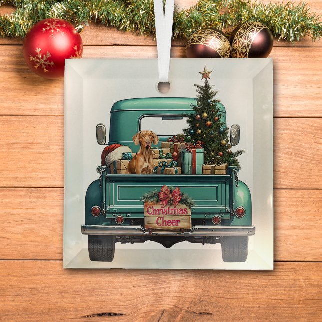 Vizsla Dog Retro Truck Christmas Glass Ornament (Creator Uploaded)
