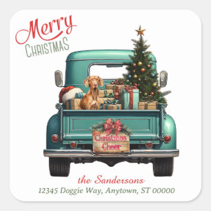 Vizsla Dog Retro Truck Christmas Square Sticker
