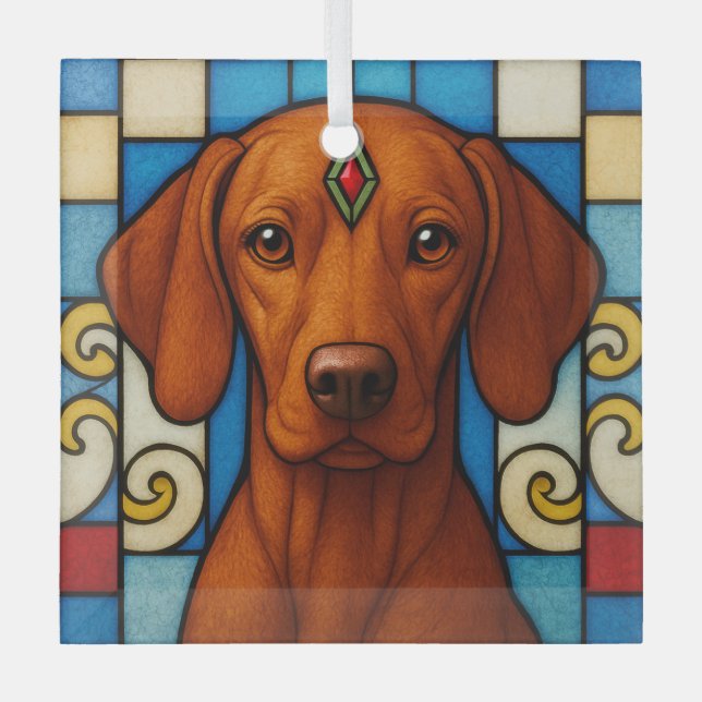 Vizsla Dog "Stained Glass"  Glass Ornament (Front)