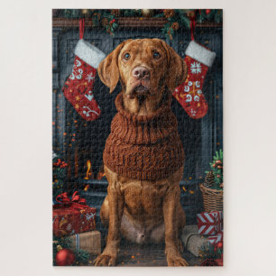 Vizsla Dog With Christmas Gifts Fireplace Jigsaw Puzzle