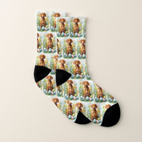 Vizsla Dog with Easter Eggs Holiday  Socks