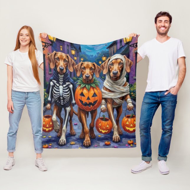 Vizsla Dogs Trick-or-Treating in Halloween Costume Fleece Blanket (In Situ)
