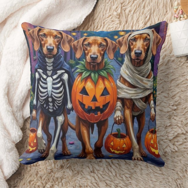 Vizsla Dogs Trick-or-Treating in Halloween Costume Throw Pillow (Blanket)