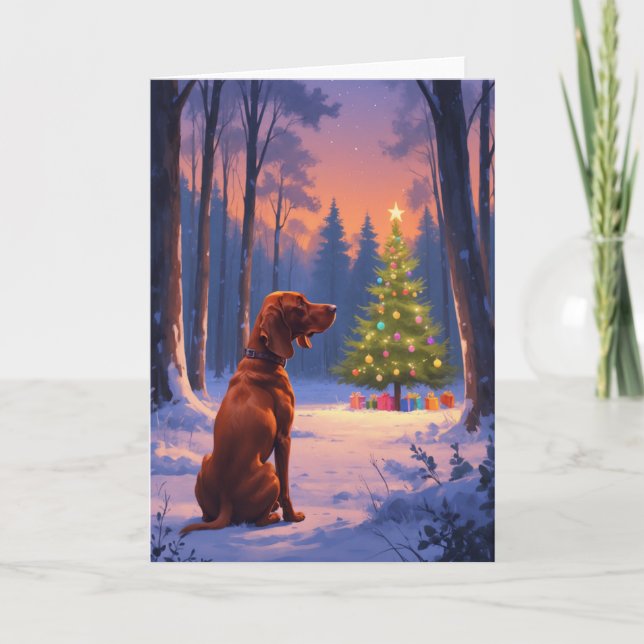 Vizsla Gazing at Christmas Tree in Snowy Forest Card (Front)
