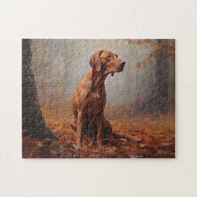 Vizsla in Autumn Leaves Fall Inspire Jigsaw Puzzle (Horizontal)