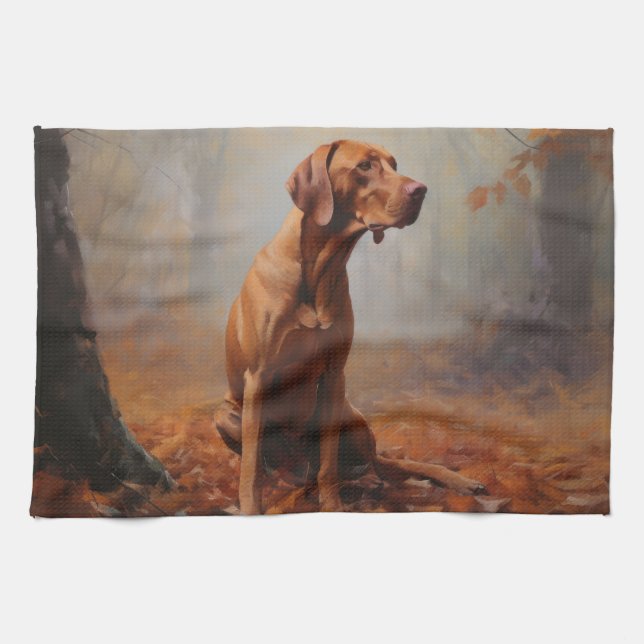 Vizsla in Autumn Leaves Fall Inspire Kitchen Towel (Horizontal)