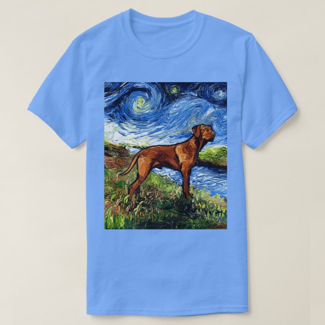 Vizsla on River Bank Starry Night Dog Art by Aja13 T-Shirt (Design Front)