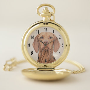 Vizsla Painting - Cute Original Dog Art Pocket Watch