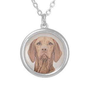 Vizsla Painting - Cute Original Dog Art Silver Plated Necklace