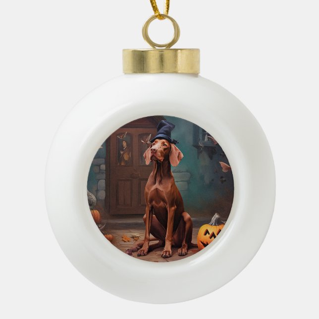 Vizsla Pumpkins Halloween Scary  Ceramic Ball Christmas Ornament (Front)