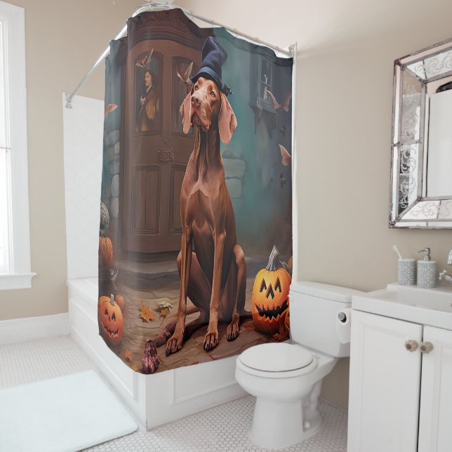 Vizsla Pumpkins Halloween Scary  Shower Curtain (In Situ)