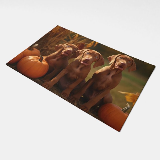 Vizsla Puppy Autumn Delight Pumpkin Doormat (Angled)