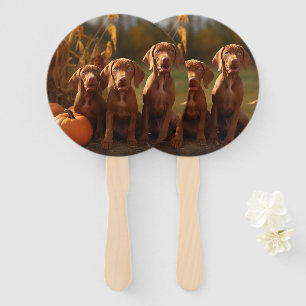 Vizsla Puppy Autumn Delight Pumpkin Hand Fan