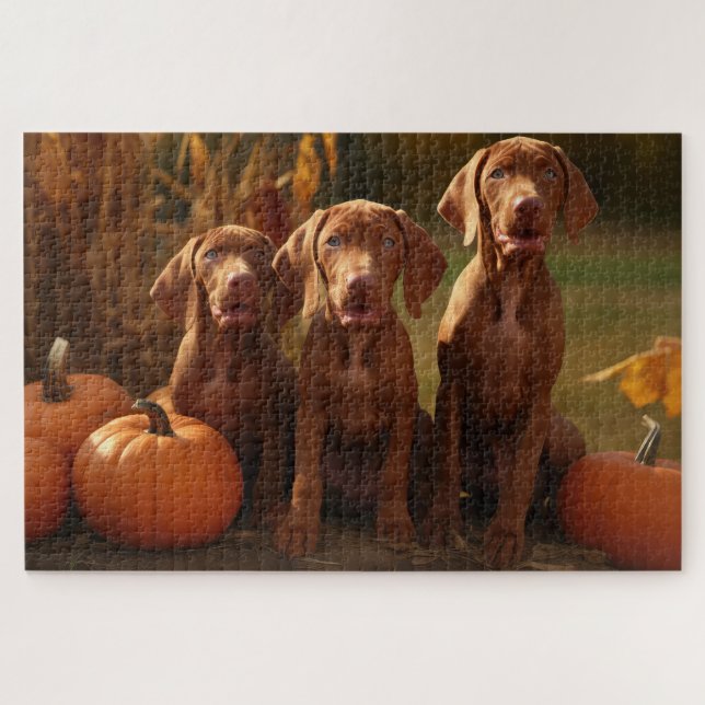 Vizsla Puppy Autumn Delight Pumpkin Jigsaw Puzzle (Horizontal)