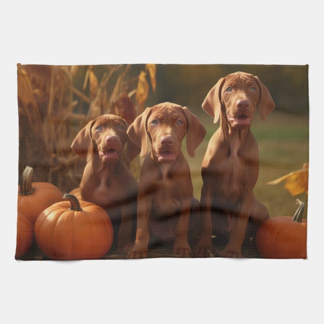 Vizsla Puppy Autumn Delight Pumpkin Kitchen Towel (Horizontal)