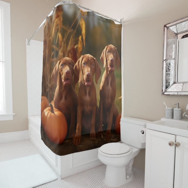 Vizsla Puppy Autumn Delight Pumpkin Shower Curtain (In Situ)
