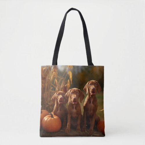 Vizsla Puppy Autumn Delight Pumpkin Tote Bag