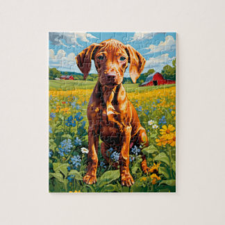 Vizsla Puppy in field of Wildflower range of sizes Jigsaw Puzzle