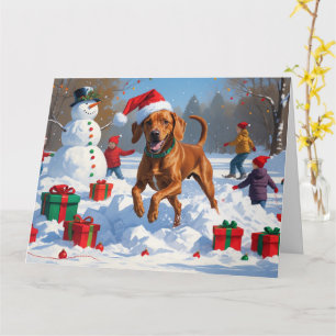 Vizsla Running in Snow with Christmas Hat Card
