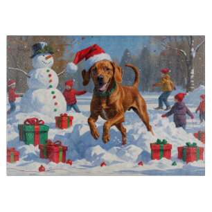 Vizsla Running in Snow with Christmas Hat Cutting Board