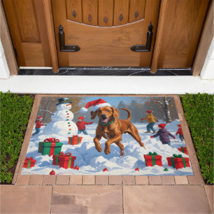 Vizsla Running in Snow with Christmas Hat Doormat