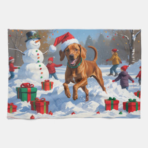 Vizsla Running in Snow with Christmas Hat Kitchen Towel