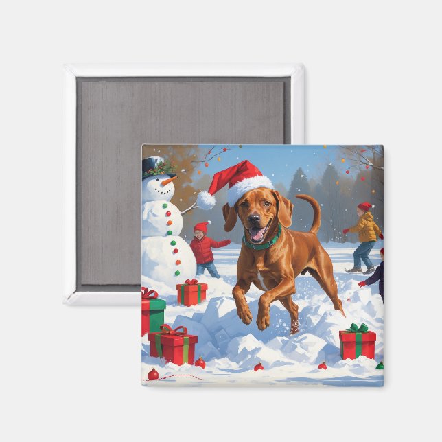 Vizsla Running in Snow with Christmas Hat Magnet (Front/Back)