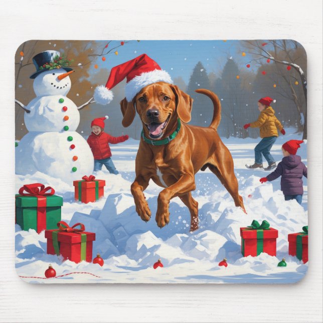Vizsla Running in Snow with Christmas Hat Mouse Pad (Front)