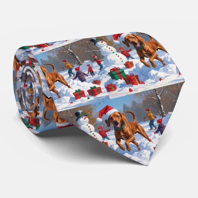 Vizsla Running in Snow with Christmas Hat Neck Tie (Rolled)