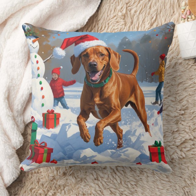 Vizsla Running in Snow with Christmas Hat Throw Pillow (Blanket)