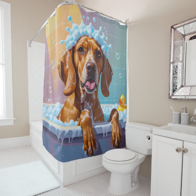 Vizsla Sloppy Sleepy Cute Funny Shower Curtain (In Situ)